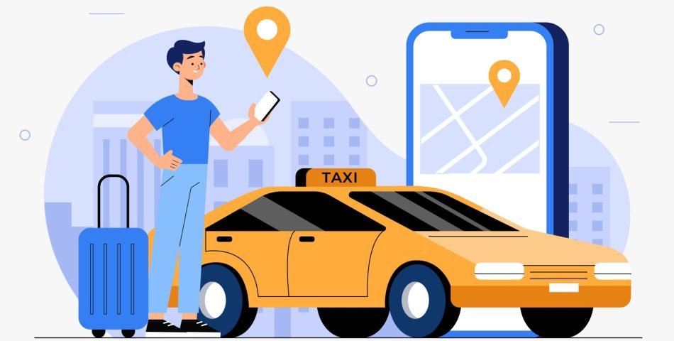 An illustration of a man requesting an online taxi service using his mobile phone.